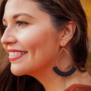 NWT Teardrop Hoop Earrings w/ black leather accent